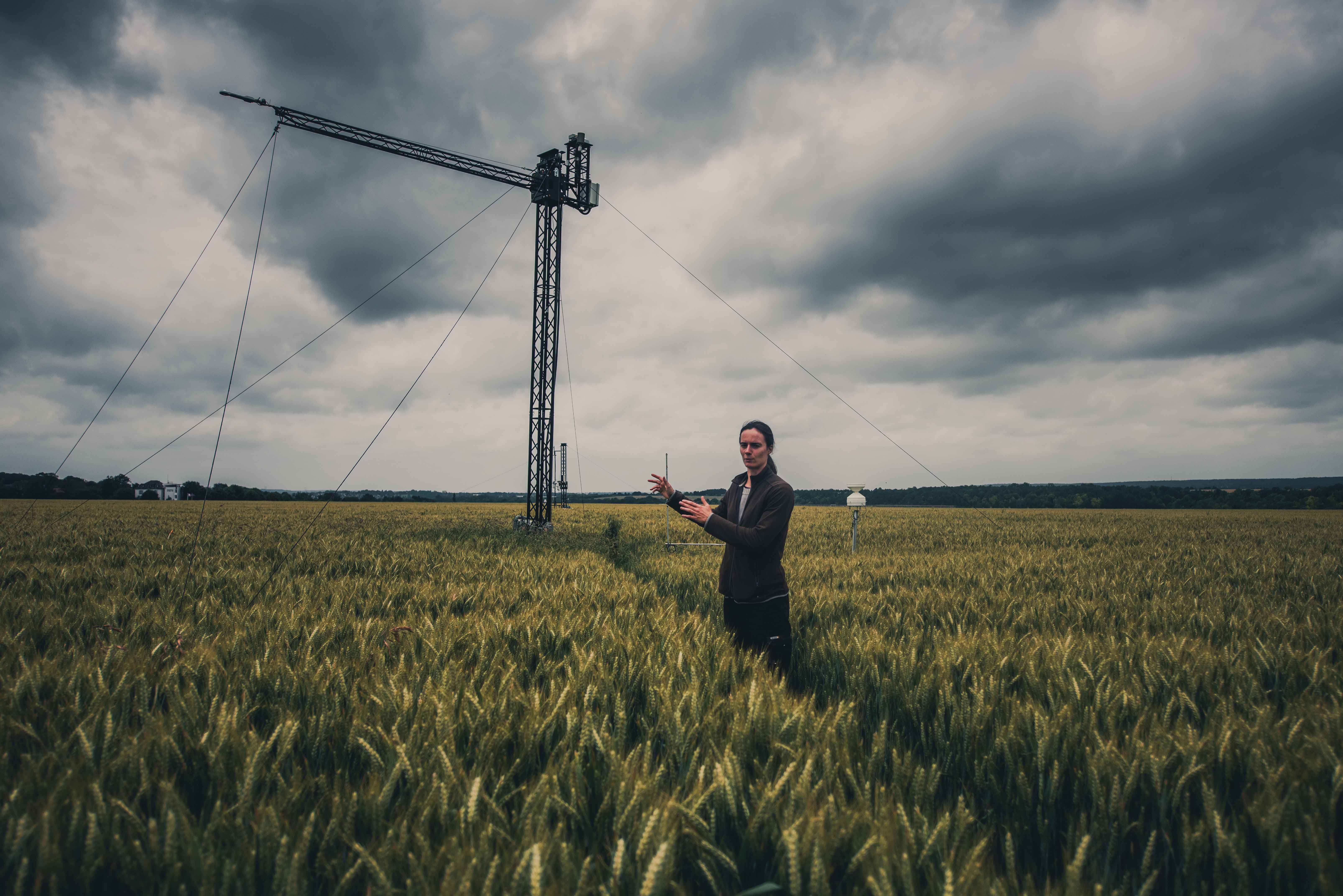 Scientist standing in cropland in front of measurement tower