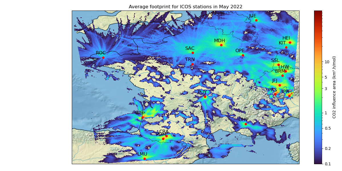 The picture represents the spatial coverage of the fluxes measured as CO2 concentration at the atmospheric towers measurements