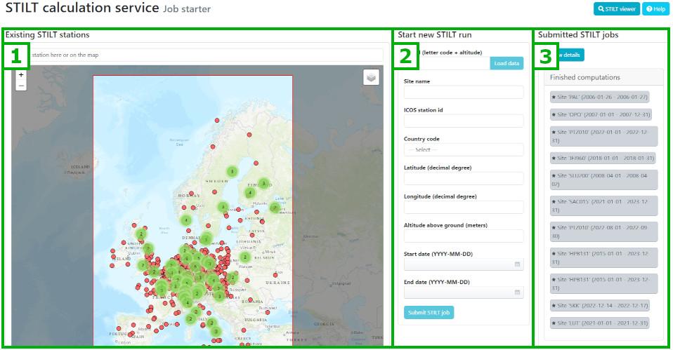 STILT calculation service screenshot, with areas highlighted and numbered 1-3.